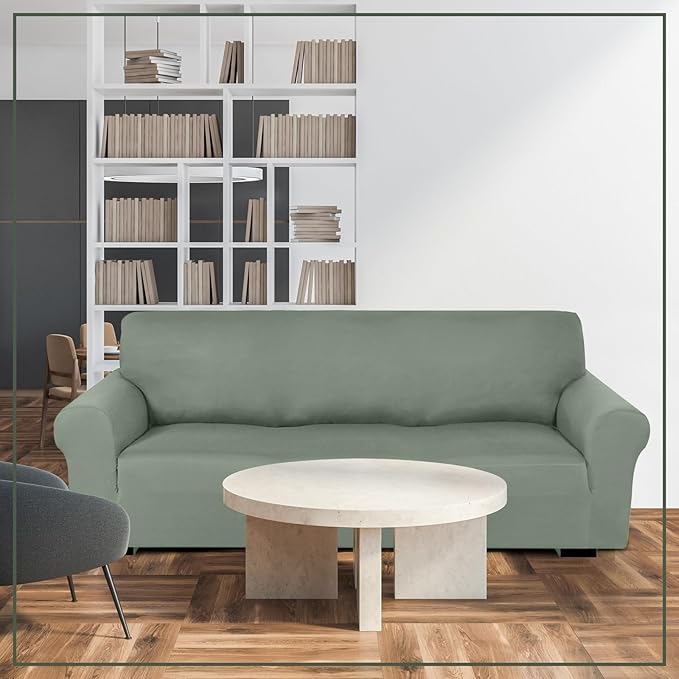 Peryiter 2 Pcs Sofa Covers Couch and Loveseat Covers Set Stretch Sofa Slipcover for Living Room Armchair Furniture Protector, Wrinkle Proof(Grayish Green,Milk Silk)