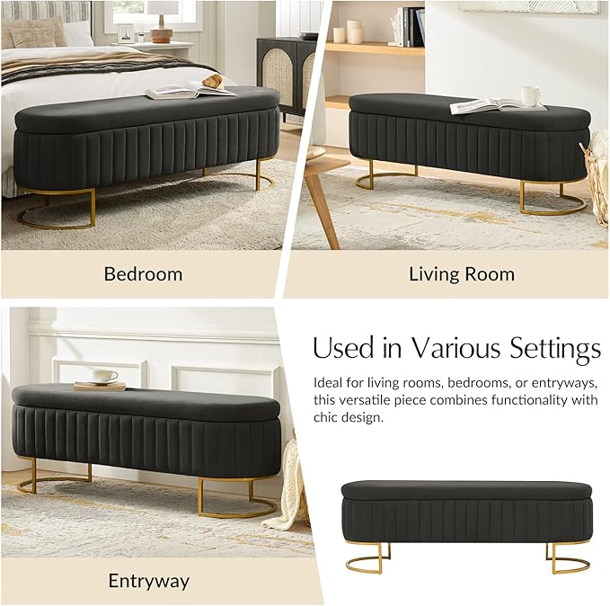 55.5" Velvet Upholstered Storage Bench with Channel Tufted Seat and Metal Legs, Multi-Functional Ottoman with Interior Organizer Pockets for Bedroom and Entryway, Flipping Lid Large Window Bench