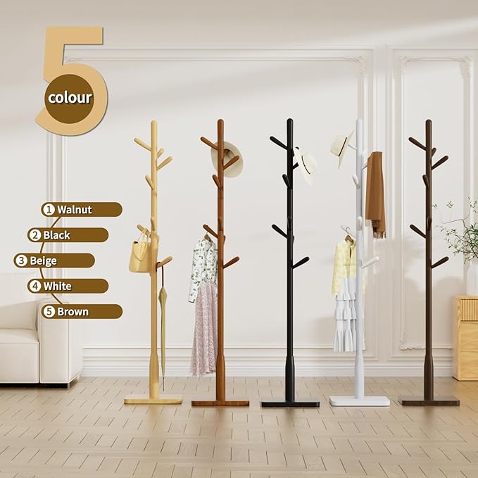 Solid Wood Square Base Coat Rack, Free Standing Hall Coat Tree with 8 Hooks(+2 spare) for Coats, Hats, Bags, Purses, for Entryway, Hallway, Rubberwood Hooks,Base and Pole,(Square Base, Natural Beige)