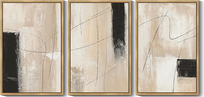 KUVIOKE Abstract Framed Wall Art Minimalist Beige Pastel Watercolor Neutral Wall Decor Modern Black Line Art Painting for Bedroom Dining Room 24x36in (Natural Framed)