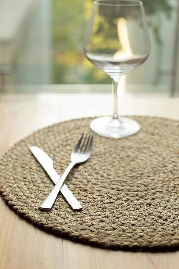 The Home Talk Jute Cotton Hand Woven Table Runner/Placemats (4 Placemat Set, Natural, 14" Round)
