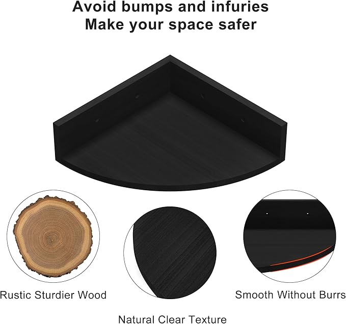 Alsonerbay Black Corner Shelf Wall Mount, Set of 3 Floating Shelves for Wall Storage and Display, Rustic Wood Shelves for Bedroom, Living Room, Bathroom, Entryway, Garage