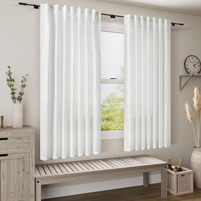 Nanspring White Linen Curtains 64 Inches Long 2 Panels Set Back Tab Rod Pocket Semi Sheer Light Filtering Curtains Airy Elegant Window Privacy Drapes for Kitchen Bedroom Children Living Room 52x64