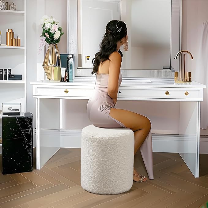 O2B Modern Round Ottoman with Soft Padded Seat – Multifunctional Vanity Chair, Upholstered Footrest Stool for Living Room and Bedroom, Furniture & Décor Store (White)
