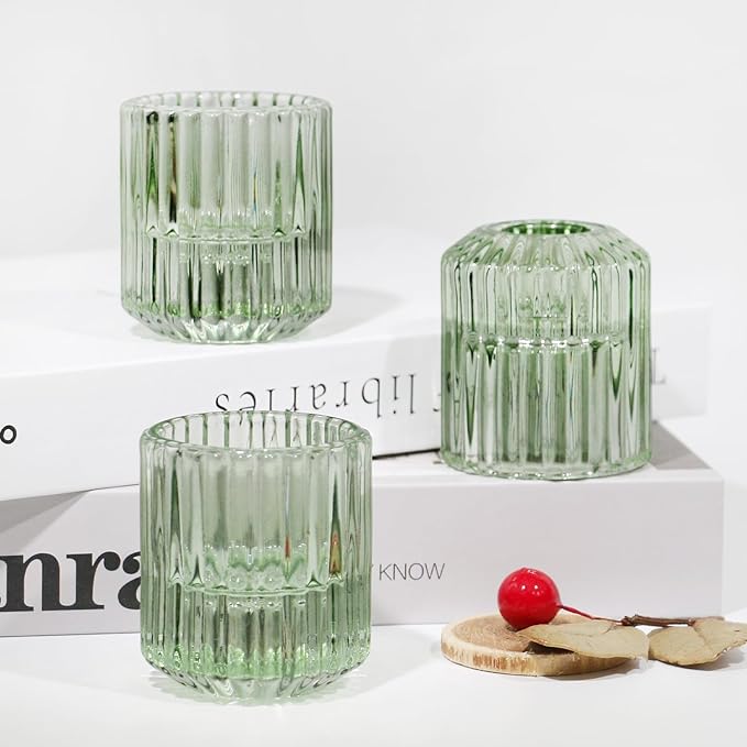 Reversible Green Glass Candle Holder Set of 3, Thick Heat-Resistant Glass Candlestick Holders for Taper, Tealight, Votive, LED Candles, Perfect for Wedding, Party, Home Décor