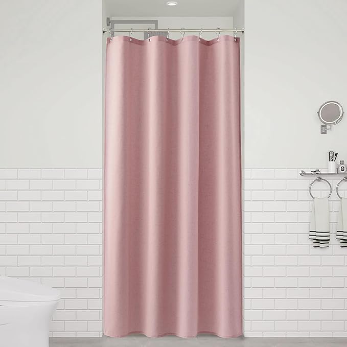 Naturoom Pink 48 Inch Shower Curtain - Stall Narrow Half Linen Ultra Thick Fabric Shower Curtain Set with Hooks, Boho Farmhouse Rustic RV Camper Bath Curtains for Bathroom, 48x72