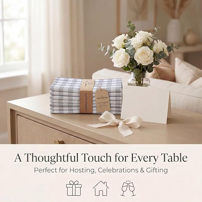 Urban Villa Cloth Napkins 100% Cotton Highly Absorbent Washable Durable Reusable Premium Dinner Napkins Ideal for Gifts for Mothers Day Hotel Farmhouse Parties - Grey/White (20" x 20", Set of 12)