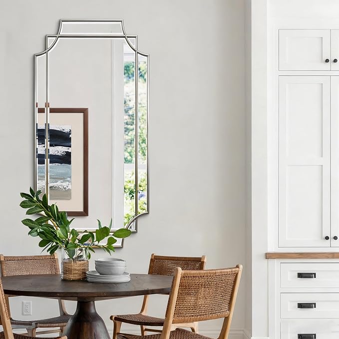Geometric Beveled Mirror, 47" x 24" Silver Art Deco Mirror with Silver Wood Frame, Large Rectangle Accent Wall Mirror for Entryway Bathroom Living Room Bedroom, Horizontal/Vertical Hanging