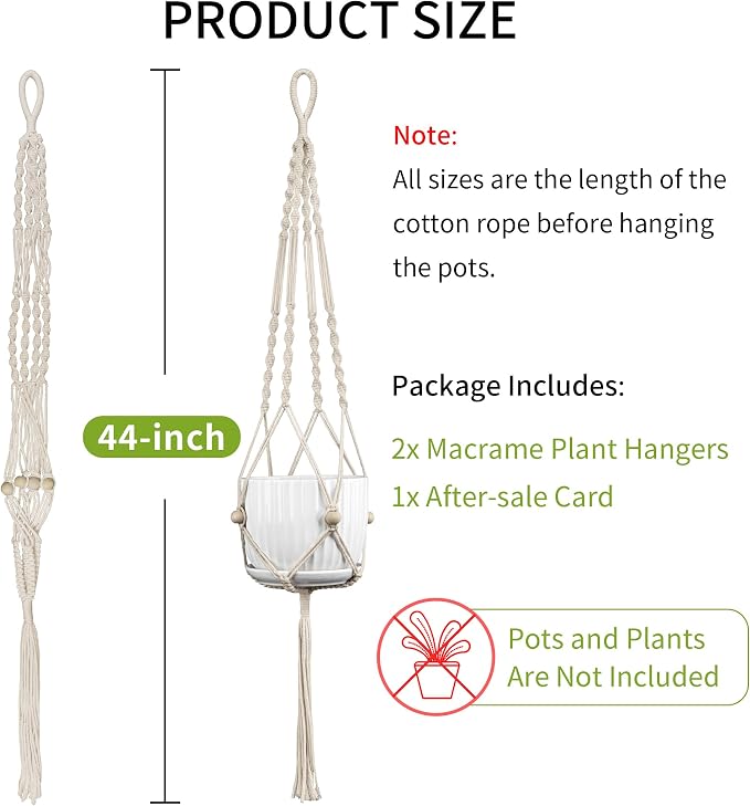 Macrame Plant Hanger - Fits 4-12 Inch Pots, Hanging Planter Holder for Indoor Outdoor, Cotton Rope with Tassels Boho Home Decor, 44 Inch, Set of 2, Ivory
