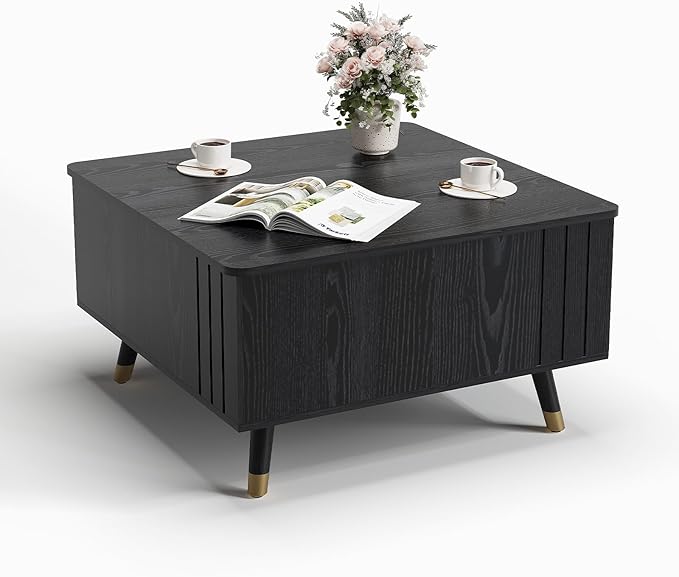 Square Coffee Table with Lift-Top & Flip-Top Storage, 36" Lift Tabletop Dining Center Table with Solid Wood Legs, Functional Modern Black Coffee Tables for Living Room Small Space or Office