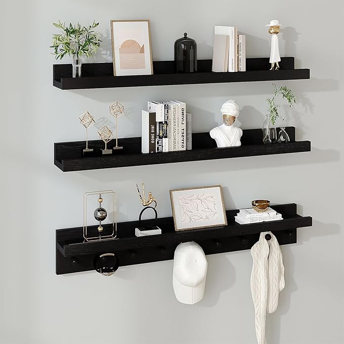 MBYD Solid Wood Black Floating Shelves for Entryway, 36 Inch Wall Shelf with Hooks & Wooden Pegs, Modern Versatile Picture Ledge to Organize Living Room, Bedroom, Declutter Items & Hang Keys, Bags
