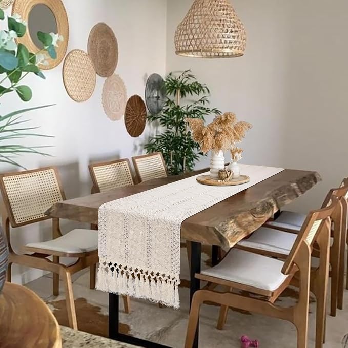 yuboo Boho Table Runner Short, Dresser Runner Cover Top, Beige Macrame Coffee Table Runners for Living Room Kitchen, Nightstand, End Table, Farmhouse Spring Dresser Decor, 48 Inches Long