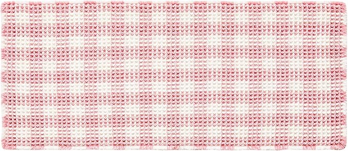 TYUU Waffle Bath Mat, Boho Bathroom Rugs Non Slip Washable Absorbent Checkered Bathroom Mat Quick Dry Cute Bath Mat, 48"x24" Pink and White