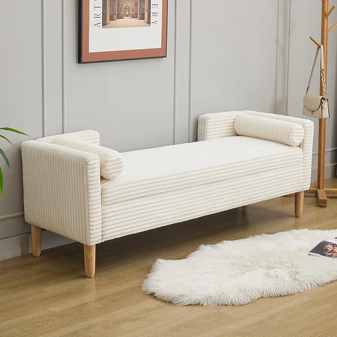 NIOIIKIT 65" Large Storage Ottoman Bench with 2 Pillows, Corduroy Upholstered Entryway Bench with Wood Leg, End of Bed Bench with Straight Armrest, Window Bench for Bedroom, Entryway (White)