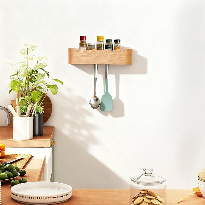 Coat Rack Wall Mount with Shelf Entryway Shelf Modern Key Holder Hanger Wall Shelves with Hidden Hooks for Hanging Towels Coats Hats Bags for Hallway Bathroom Bedroom(Wavy Oak, 4 Hooks)