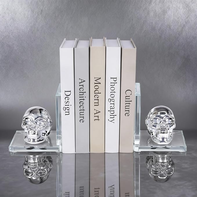 Skull Bookends Set of 2 – L Shaped Crystal Skull Decorative Bookends, Heavy Duty Non-Slip Book Ends for Shelves, Office and Home Decor