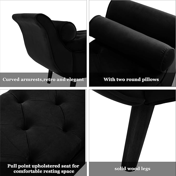 65" Velvet Storage Bench, 65" Vintage Upholstered Rolled Armed Button Tufted Stool Bench for Bedroom, Living Room, Entryway, Hallway, Dressing Room (Black)