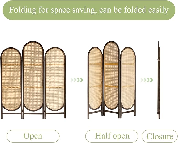 Room Divider Panel, 3 Panel Roomdivider Wall, Wood Room Dividers and Folding Privacy Screens, Rattan Partition Room Dividers, Privacy Dividers for Rooms, Bedroom, Dining Room, Dark Brown
