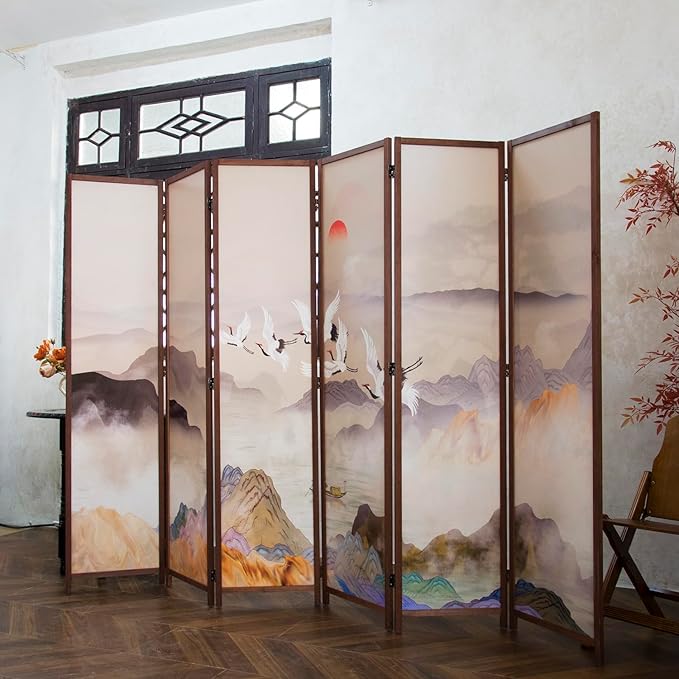 Furnnylane 6 Panel Room Divider, Double-Sided Folding Privacy Screen for Home Office – Freestanding Wall Partition with New Chic Colorful Landscape 67" H x 63" W - 5.6 ft Tall