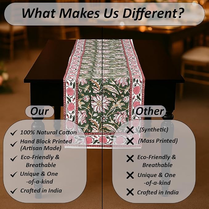 Ridhi Hunter Green Hand Block Print 100% Cotton Reusable Table Runner 16" X 70" Inches Table Runner Decorative Everyday Use for Dining, Home Gift for Spring, Easter, Valentine
