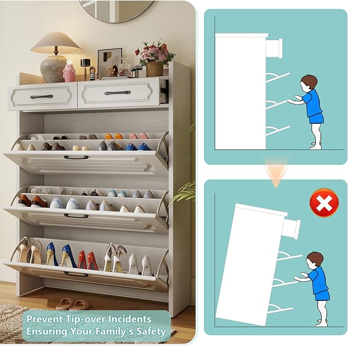 Shoe Cabinet with 3 Large Flip Drawers and 2 Storage Drawers, Narrow Shoe Organizer Cabinet Fits for Kinds of Shoes, Hidden Shoe Storage Cabinet for Entryway, Hallway, White