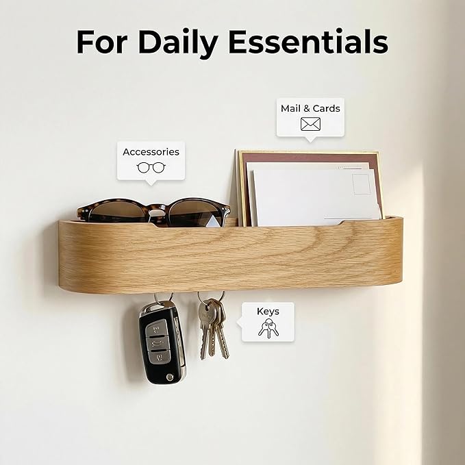 Wall Mount Key Holder with 5 Hidden Hooks Modern Key Hanger Rack Wood Entryway Hook Mail Organizer Tray Shelf Home Decor for Car Key Ring Dog Leash Sunglasses Bags(Light Oak)