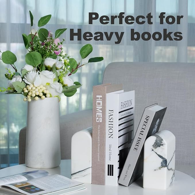 Koville Natural Marble Bookends for Shelves, 13LBS Ultra Heavy Duty Marble Book Holders Organizer, Non-Slip Book Ends, Apartment Decor for Movies/CDs/Video Games
