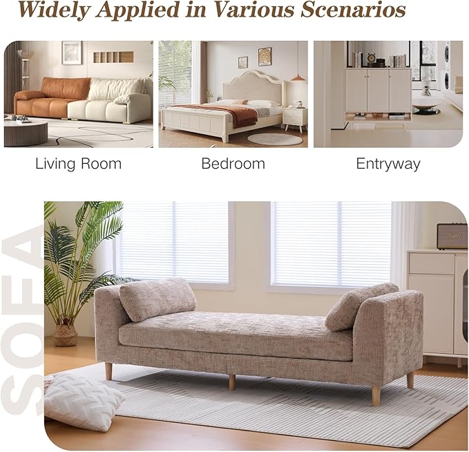 Chifee & Vingol 83.1" W End of Bed Bench King Size Bedroom Benches Upholstered Entryway Bench with Removable Pillows for Living Room Hallway,Wheat
