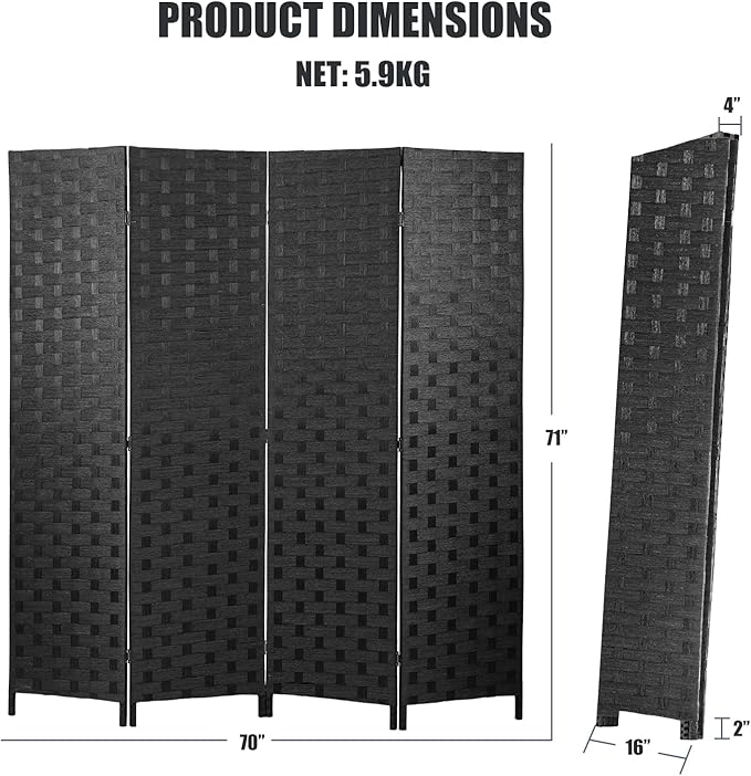 Room Divider,4 Panels 6FT Folding Privacy Screen Room Divider Wall Wood Mesh Hand-Woven Design Freestanding Partition Portable Wall for Home Office Bedroom(Black)