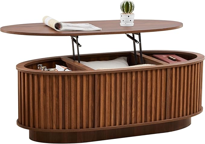 Oval Coffee Table, 43.3'' Fluted Lift Top Coffee Table with Hidden Storage Compartment, Mid Century Modern Dining Table Wooden Center Table for Living Room, Office, Small Spaces (Walnut)