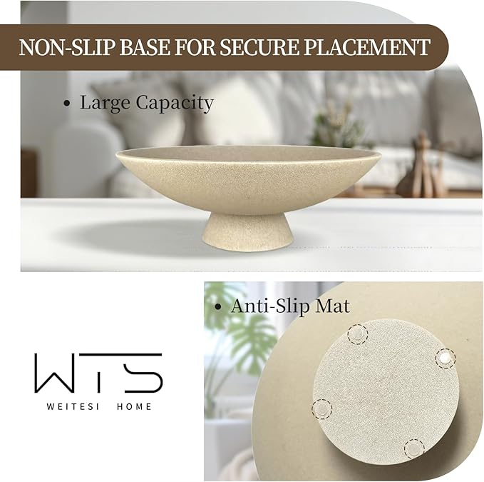 Large Decorative Fruit Bowl for Kitchen Counter, Modern Resin Pedestal Bowl for Home Decor, Stylish Key Bowl for Entryway Table, Decorative Bowl for Coffee Table Decor, Artificial Stone Beige