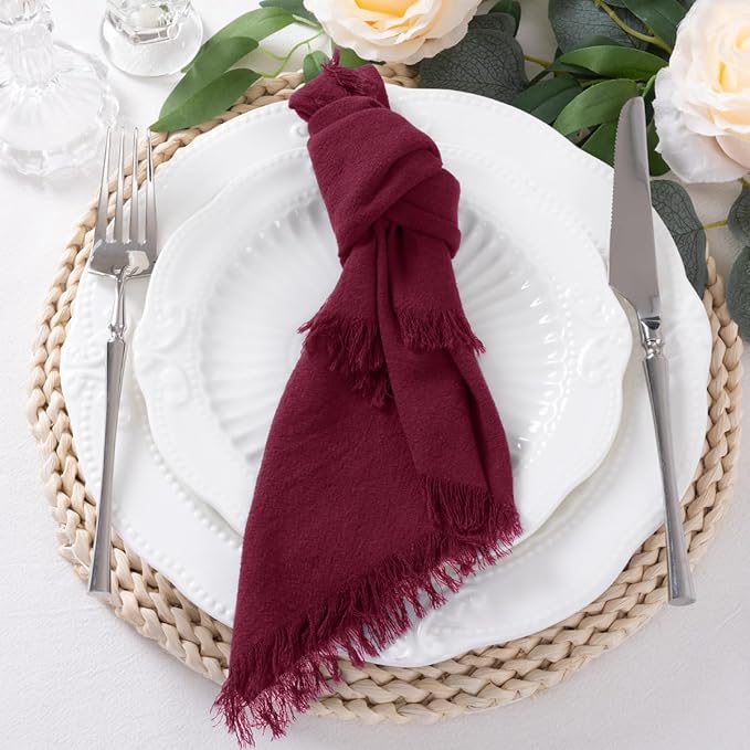 DeZerlor 12 Pack Burgundy Red Cotton Linen Napkins with Fringe Summer Cloth Napkins Set of 12 Boho Handmade Dinner Napkins Bulk for Wedding Bridal Baby Shower Parties, 17 x 17 Inches
