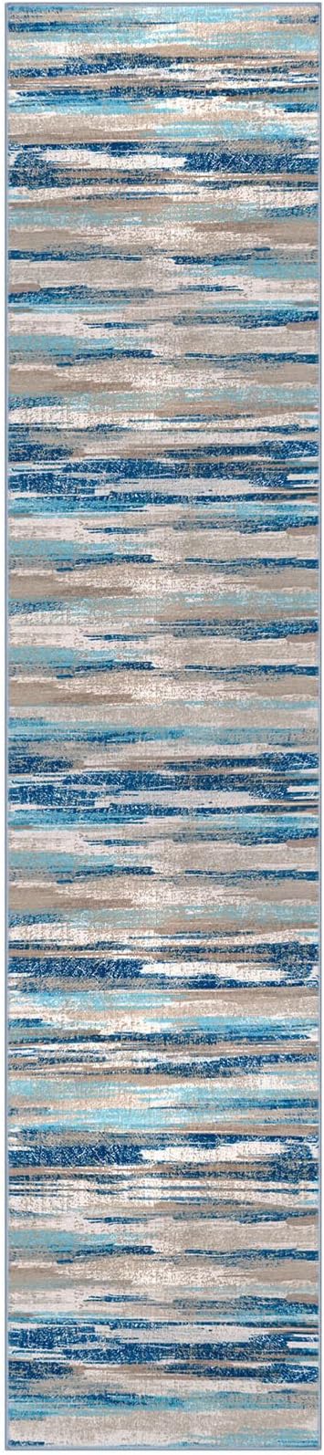 Lansny Modern Abstract Runners for Hallways 2.6x12, Washable Runner Rug Non-Slip Indoor Soft Long Hallway Runner Rug, Thin Print Faux Wool Floor Carpet for Hall Entryway Kitchen, Blue