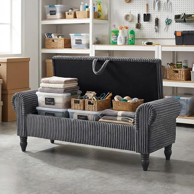 Storage Bench for Bedroom, Ottoman with Storage, Upholstered Ottomans Benches with Rolled Arm for Bedroom End of Bed, Living Room, Entryway (Gray)