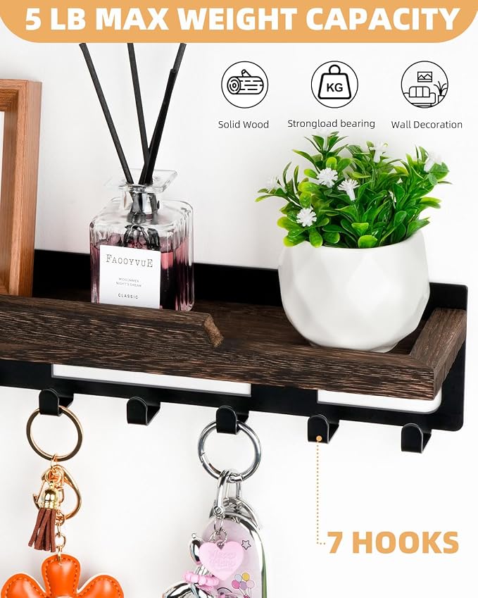 lucdnc Key Holder for Wall with Tray,Decorative 7 Metal Hooks and Paulownia Wood Shelf,Entryway Organizer for Mail,Keys,Sunglasses -Wall Mounted Key Hooks for Office Home Decor Key Rack