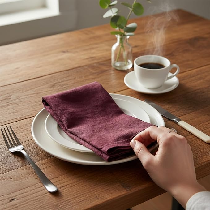 Hemstitched Linen Napkins – 20 Inch x 20 Inch – Stonewashed Pure Linen Cloth Dinner Napkins with Mitered Corners - 100% French Flax – Machine Washable - Set of 4 (Burgundy)