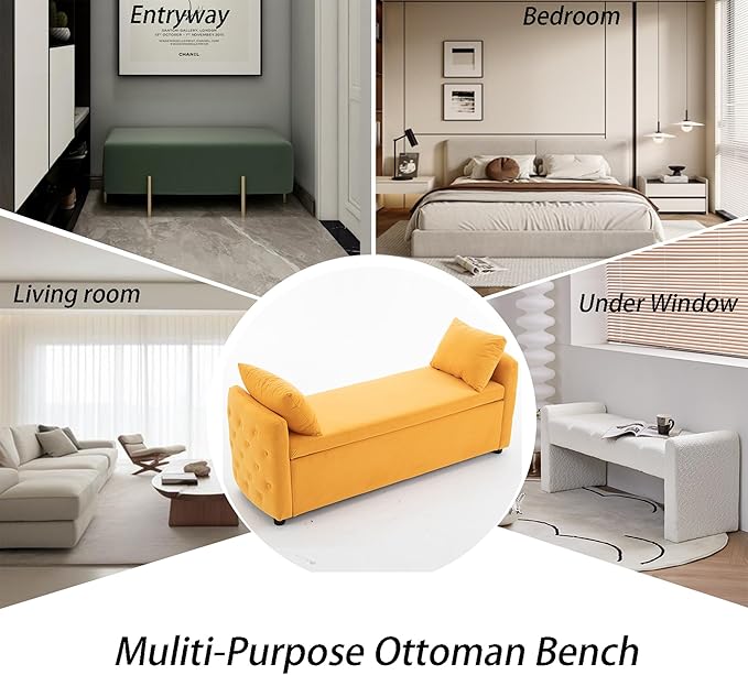 Storage Bench for Bedroom, 60" End of Bed Bench for King Size Bed,Tufted Bench Modern Upholstered Long Ottoman Bench with Arm (Mustard Yellow, Velvet-60 Wide)