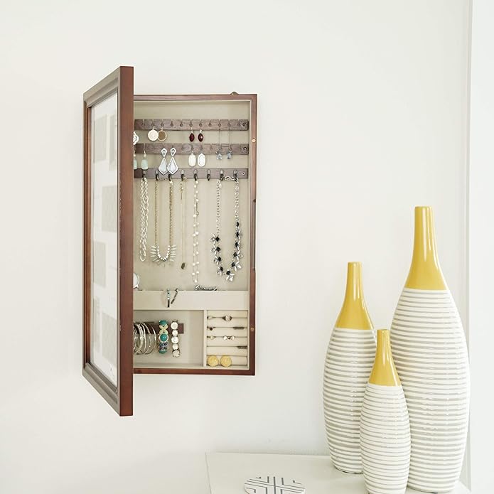 Hives & Honey Mackenzie Photo Collage Jewelry Organizer, Wall Mount with Necklace Hooks, Ring Rolls, Earring & Bracelet Storage, Anti-Tarnish Lining, 23 x 21.5, Walnut