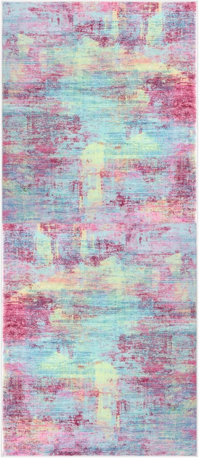 IOHOUZE Abstract Runner Rug 3x7 Ft Washable Runners for Hallways, Non Slip Kitchen Runner Printed Faux Wool Entryway Runner Indoor, Modern Abstract Floor Carpet for Hall Kitchen Bedroom, Pink Teal