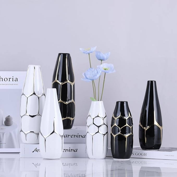 Ceramic Vase Set of 3, Modern Vases for Home Decor, White and Silver for Living Room, Kitchen, Bedroom, Bathroom, Entryway Mantel, Living Room TV Cabinet Decoration