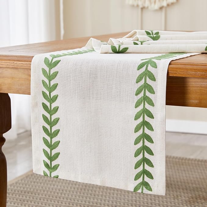 Wracra Embroidered Table Runner Irregular Willow Leaf Table Runners 90 Inches Long for Dresser Home Dining Table Decor,14 x 90 Inch, Green