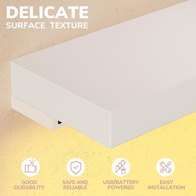 BAMEOS Floating Shelves with LED for Wall Decor, Sturdy Shelves with Warm Light, Wall Mounted Display Shelves, Set of 2, Hanging Shelf for Bathroom, Bedroom, Kitchen, Living Room Storage, White