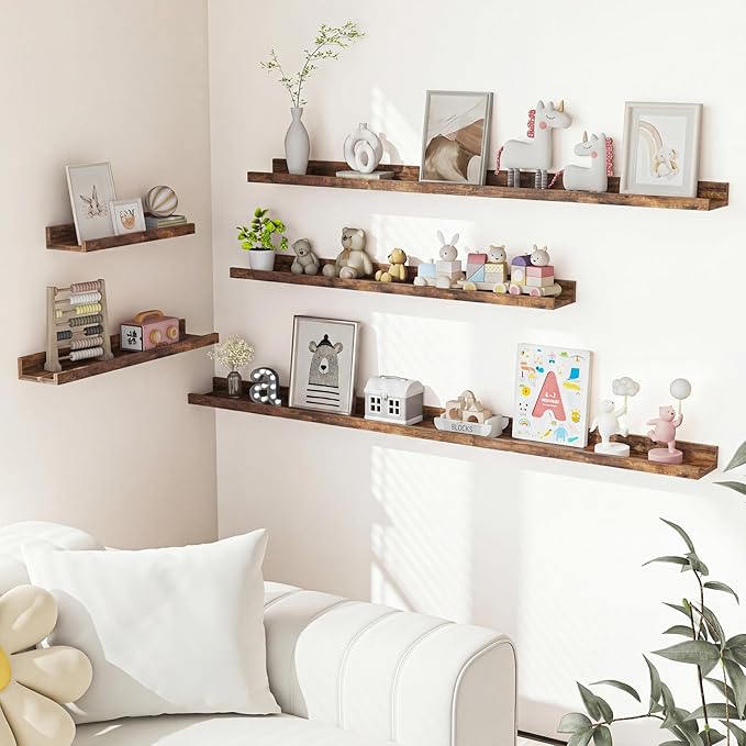 Heimlove Picture Ledge Shelf, Floating Shelves Set of 2, 27.56Inches Picture Shelf for Wall with Ledge, Kids Bookshelf Wall Mounted for Living Room Bedroom Decor Books Photo Frames - Rustic Brown