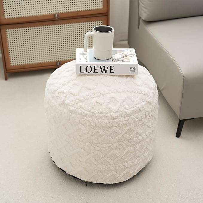 Beige Round Faux Fur Ottoman Pouf - 20x15 Inch Storage Foot Stool Cushion for Living Room & Bedroom Decor