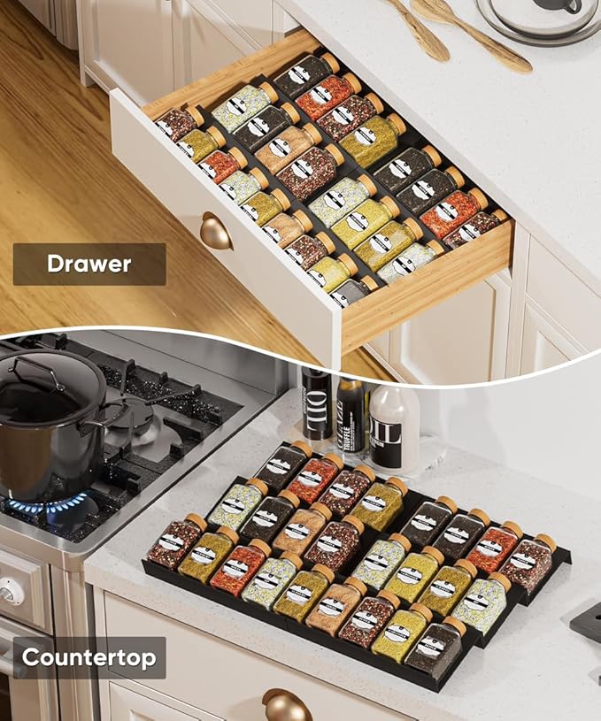 ABS Spice Drawer Organizer, Spice Rack Tray for Kitchen Cabinet, 9 Pieces Set-Expandable Seasoning Storage Rack From 8"-24" Insert for Drawer/Countertop (Jars Not Included)
