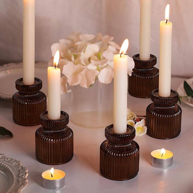 DARJEN 6 Pcs Amber Candlestick Holders - Glass Taper Candle Holders Tealight Votive Candle Holders for Table Centerpieces, Wedding, Dinner Party, Home, Gifts (Pack of 2)