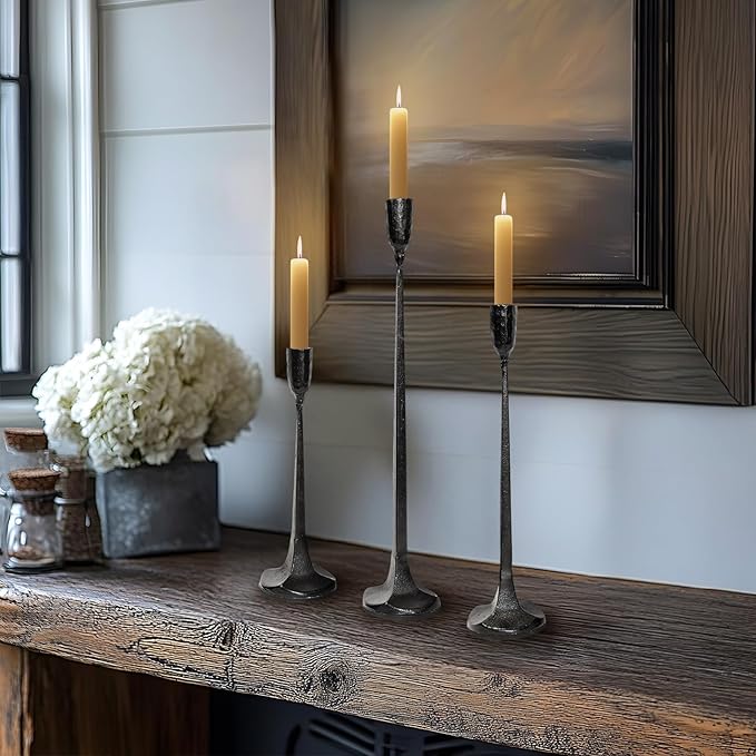 Iron Taper Black Candle Holder Set of 3, Heavy Duty Tall Taper Candle Stand, Table Centerpiece Candlestick Holder Set for Home Decoration, Wedding, Dining Table