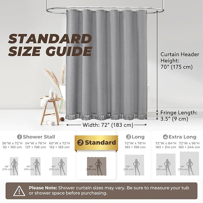Grey Shower Curtain Linen Shower Curtain with Tassels Boho Shower Curtains for Bathroom Rustic Farmhouse Shower Curtains Bath Decor (72"x72")