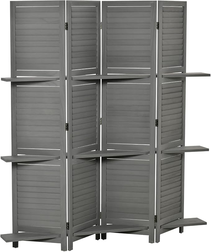 4-Panel Folding Room Divider with Shelves, 5.6 Ft Freestanding Paulownia Wood Privacy Screen Panel with Storage Shelves for Bedroom or Office, Gray