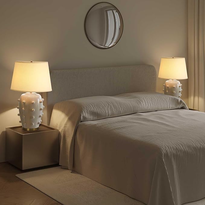 Modern Ceramic Linden Table Lamp - 26" White Ball Farmhouse Design, Classic Table Lamp Pottery Tapered Drum Shade for Living Room, Bedroom, Office, and Home (White)